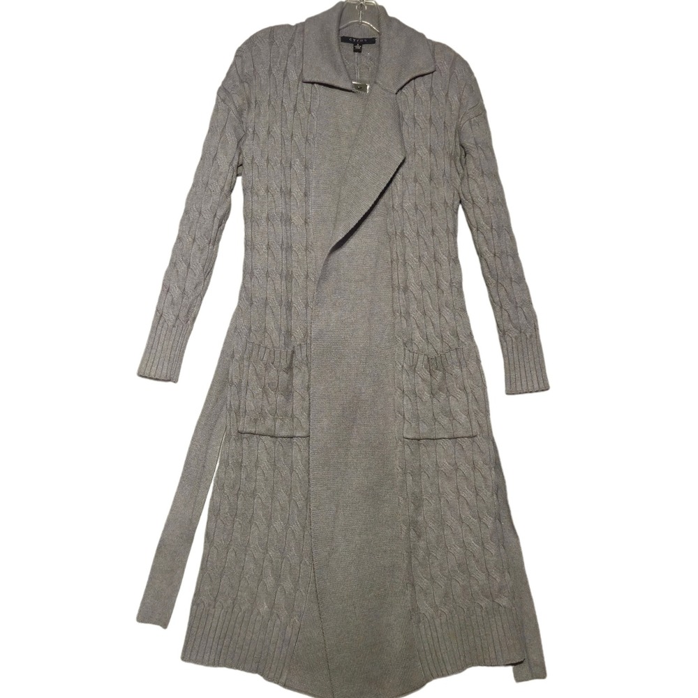 Cyrus Cable Knit Maxi Cardigan Women S Gray Longline Duster Sweater Belted NEW